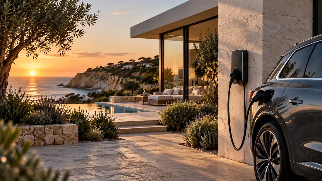 Carregador wallbox na parede de uma moradia a carregar um carro elétrico