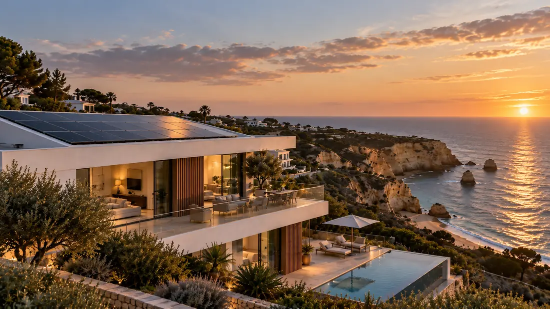 Moradia moderna com painéis solares no telhado sobre as falésias do Algarve ao pôr do sol