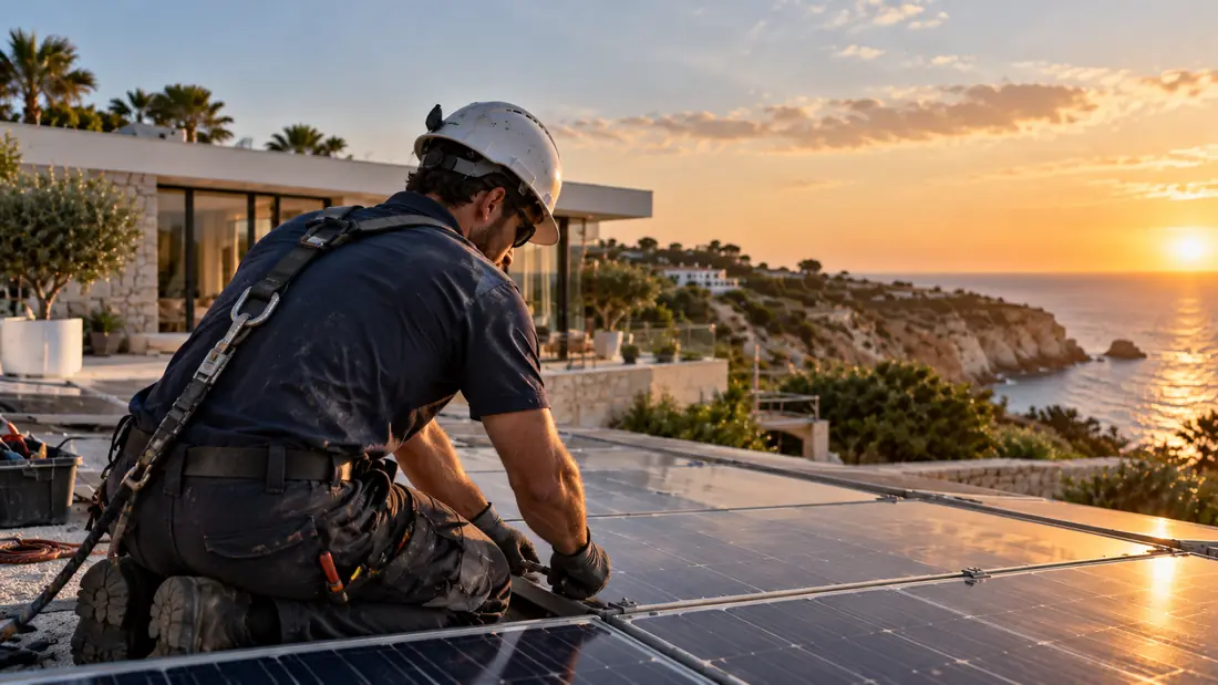 Técnico com arnês de segurança a montar painéis solares num telhado