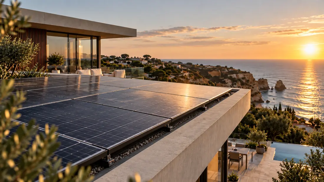 Painéis solares num telhado plano com vista para o mar no Algarve
