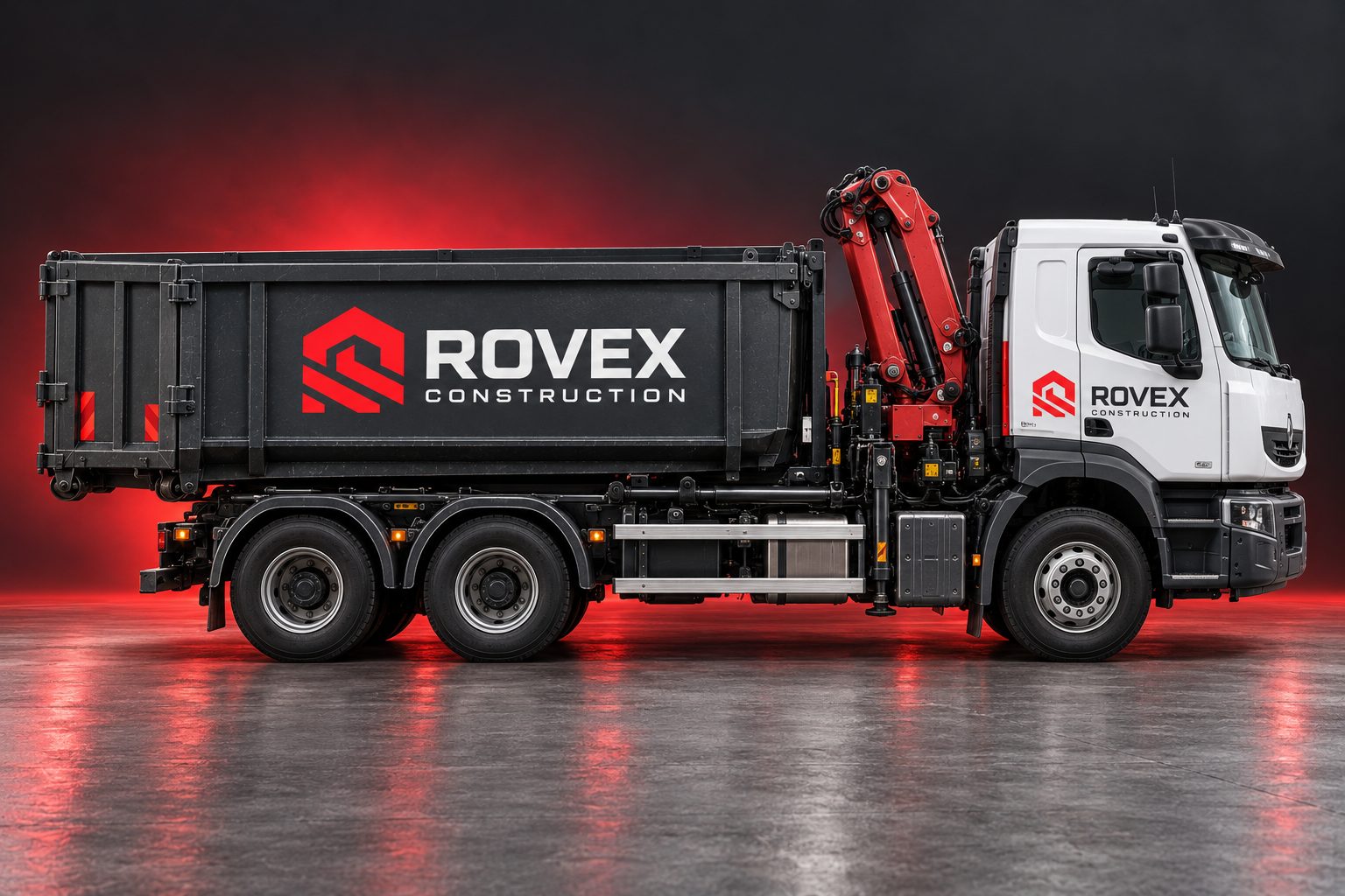 ROVEX hook-lift truck with skip container, side view