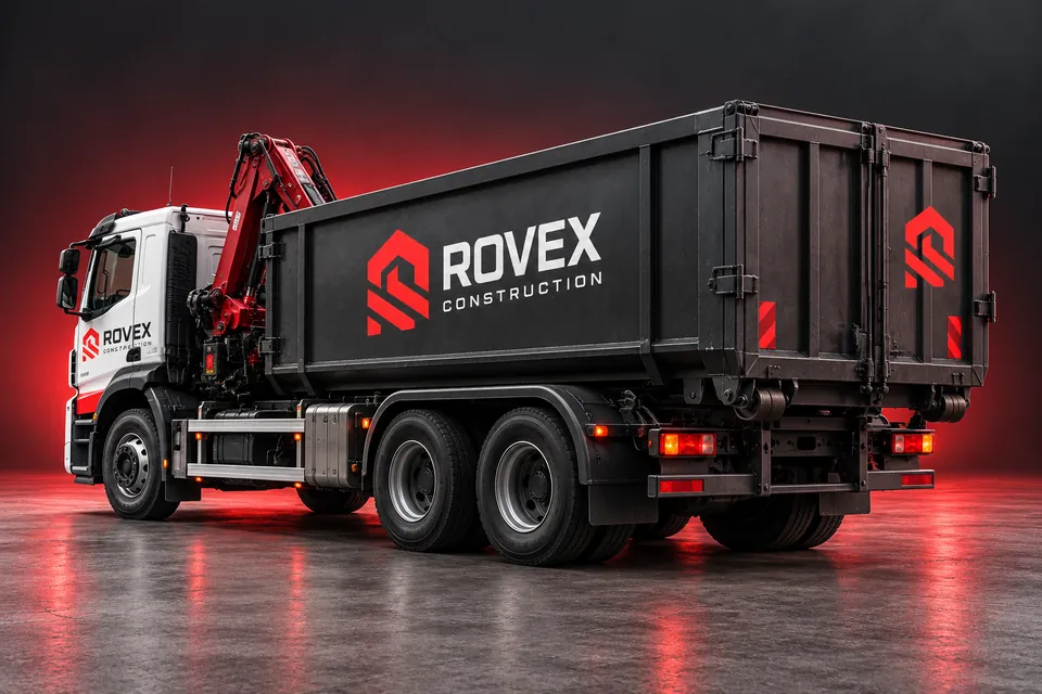 ROVEX skip container on the truck, rear view